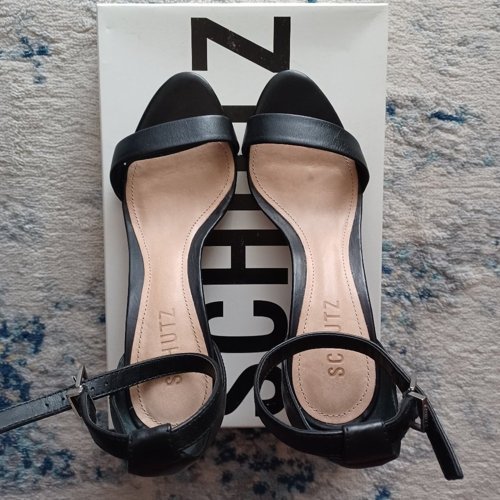 Schutz Jenny Lee Leather Sandals, 6B/M, Black, New Without Box